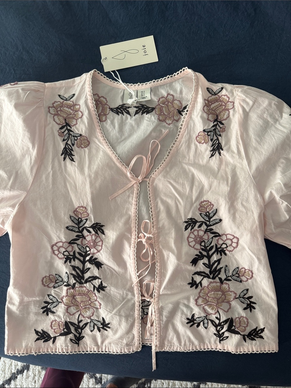 Joie Light Pink Embroidered Tie-Front Cotton Blouse